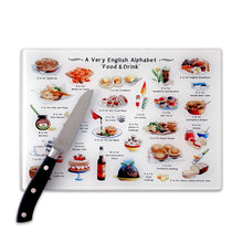 Load image into Gallery viewer, A Very English Alphabet 'Food & Drink' Glass Cutting Board