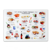 Load image into Gallery viewer, A Very English Alphabet 'Food & Drink' Glass Cutting Board