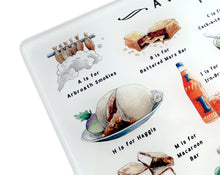 Load image into Gallery viewer, A Very Scottish Alphabet 'Food & Drink' Glass Cutting Board