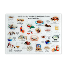 Load image into Gallery viewer, A Very Scottish Alphabet 'Food & Drink' Glass Cutting Board
