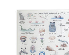 Load image into Gallery viewer, A Very Scottish Alphabet Glass Cutting Board