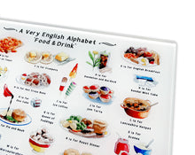 Load image into Gallery viewer, A Very English Alphabet &#39;Food &amp; Drink&#39; Glass Cutting Board
