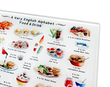Load image into Gallery viewer, A Very English Alphabet 'Food & Drink' Glass Cutting Board