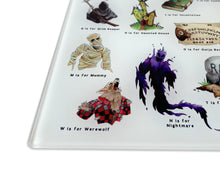 Load image into Gallery viewer, The Halloween Alphabet Glass Cutting Board