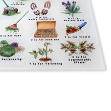 Load image into Gallery viewer, The Gardener's Alphabet Glass Cutting Board