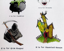 Load image into Gallery viewer, The All Hallows’ Eve Alphabet Tea Towel