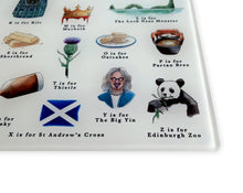 Load image into Gallery viewer, A Very Scottish Alphabet Glass Cutting Board