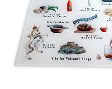 Load image into Gallery viewer, A Very Scottish Alphabet Glass Cutting Board