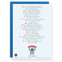 Load image into Gallery viewer, back of the lockdown alphabet greeting card