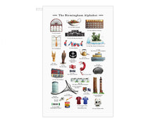 Load image into Gallery viewer, the birmingham alphabet tea towel gift idea for someone who lives in birmingham
