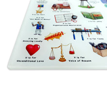 Load image into Gallery viewer, The Father's Alphabet Glass Cutting Board