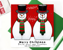 Load image into Gallery viewer, snowman christmas card fun christmas card for children. Made in the UK