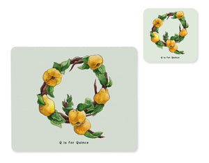 fruit and vegetable alphabet placemat and matching coaster letter q