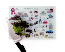Load image into Gallery viewer, gift idea for new mums, the mothers alphabet tempered glass cutting board