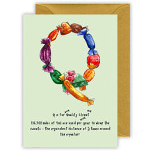 Load image into Gallery viewer, q is for quality street alphabet letter christmas card for name beginning with q
