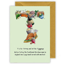 Load image into Gallery viewer, t is for christmas turkey personalised alphabet letter t christmas card