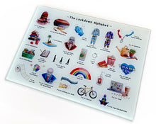 Load image into Gallery viewer, the lockdown alphabet glass chopping board 2020 gift idea for him