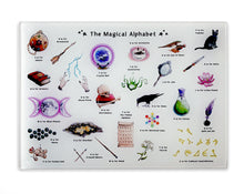 Load image into Gallery viewer, the magical alphabet tempered glass cutting board witches gift idea
