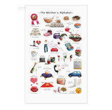 Load image into Gallery viewer, mothers day uk gift idea for mum, white cotton tea towel featuring the mothers alphabet