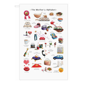 mothers day uk gift idea for mum, white cotton tea towel featuring the mothers alphabet