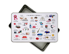 Load image into Gallery viewer, birthday gift idea for mum, the mothers alphabet metal tin