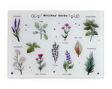 Load image into Gallery viewer, witches herbs tempered glass cutting board. Witches kitchen gift idea for her

