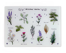 Load image into Gallery viewer, witches herbs tempered glass cutting board. Witches kitchen gift idea for her