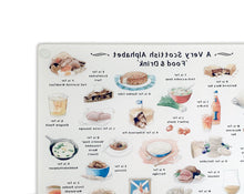 Load image into Gallery viewer, A Very Scottish Alphabet &#39;Food &amp; Drink&#39; Glass Cutting Board
