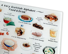 Load image into Gallery viewer, A Very Scottish Alphabet &#39;Food &amp; Drink&#39; Glass Cutting Board
