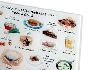 A Very Scottish Alphabet 'Food & Drink' Glass Cutting Board