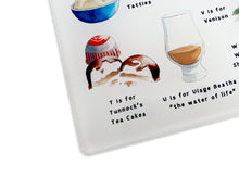 Load image into Gallery viewer, A Very Scottish Alphabet &#39;Food &amp; Drink&#39; Glass Cutting Board
