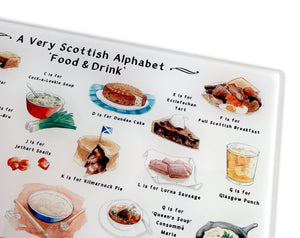 A Very Scottish Alphabet 'Food & Drink' Glass Cutting Board