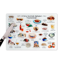 Load image into Gallery viewer, A Very Scottish Alphabet &#39;Food &amp; Drink&#39; Glass Cutting Board
