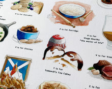 Load image into Gallery viewer, A Very Scottish Alphabet &#39;Food &amp; Drink&#39; Tea Towel
