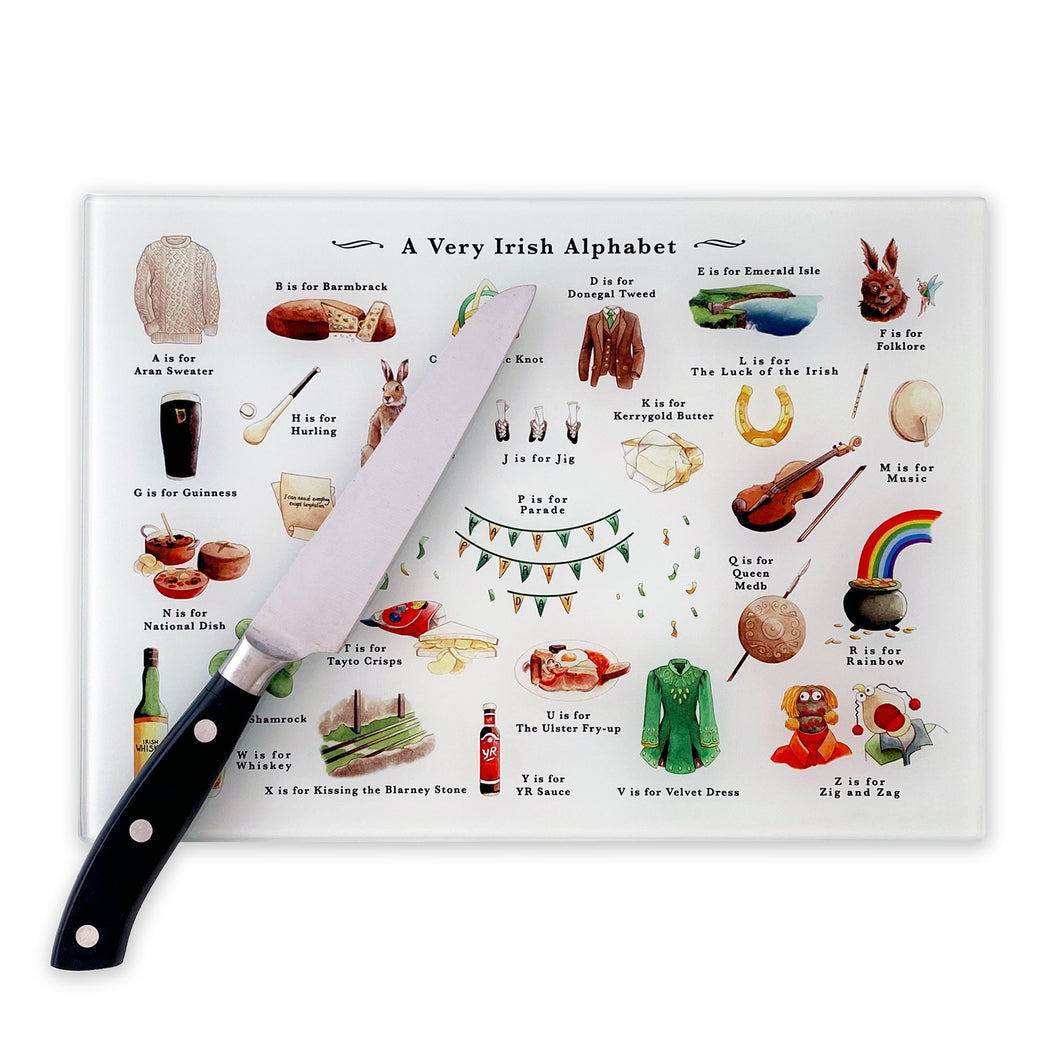 A Very Irish Alphabet Glass Cutting Board