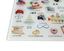 Load image into Gallery viewer, The Wedding Alphabet Glass Cutting Board
