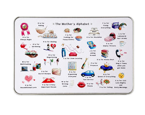 the mothers alphabet storage tin