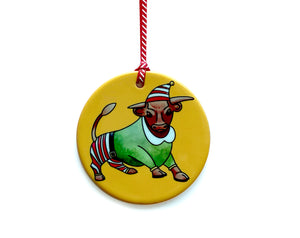 birmingham secret santa gift, christmas tree decoration of the birmingham bull dressed as an elf