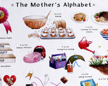 Load image into Gallery viewer, gift idea for a new mum, the mothers alphabet tea towel
