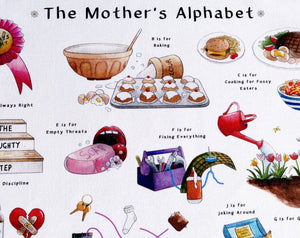 gift idea for a new mum, the mothers alphabet tea towel