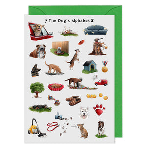 the dogs alphabet greeting card, birthday card for dog lovers