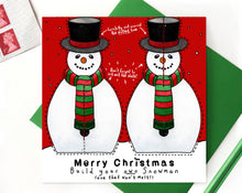 Load image into Gallery viewer, snowman christmas card fun christmas card for children. Made in the UK
