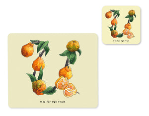 fruit and vegetable alphabet placemat and matching coaster letter u