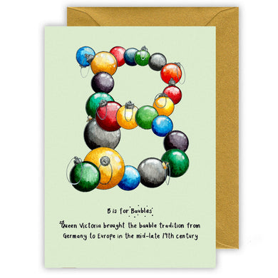 b is for baubles personalised alphabet letter b christmas card