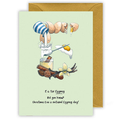 e is for eggnog alphabet letter e personalised christmas card