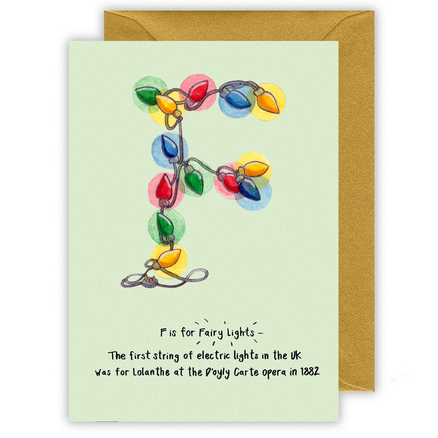 f is for christmas fairy lights alphabet letter f personalised christmas card