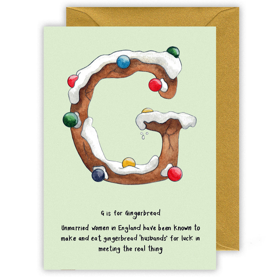 g is for gingerbread alphabet letter g personalised christmas card