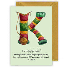 Load image into Gallery viewer, k is for knitted christmas jumpers personalised christmas card
