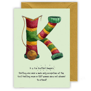 k is for knitted christmas jumpers personalised christmas card