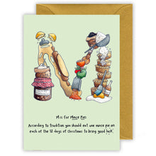 Load image into Gallery viewer, m is for mince pies alphabet letter christmas card
